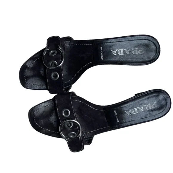 Prada Low Block Heel Buckle Strap Slide On Suede Leather Sandal - Picture 10 of 15